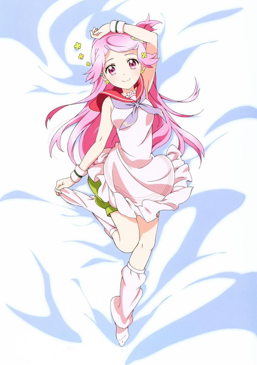 absurdres artist_request dakimakura earrings fantasista_doll full_body highres jewelry jpeg_artifacts long_hair loose_socks official_art pink_eyes pink_hair shimeji_(fantasista_doll) sock_pull socks solo wristband