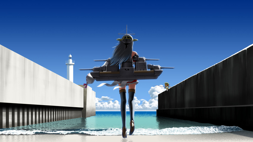 azusa_yukimasa beret black_legwear cat cloud day error_musume fishing fishing_rod from_behind full_body girl_holding_a_cat_(kantai_collection) grey_hair haruna_(kantai_collection) hat high_heels highres holding holding_fishing_rod horizon kantai_collection kneehighs lighthouse long_hair md5_mismatch multiple_girls open_mouth outdoors shoes sitting sky standing thighhighs wallpaper water white_legwear |_|