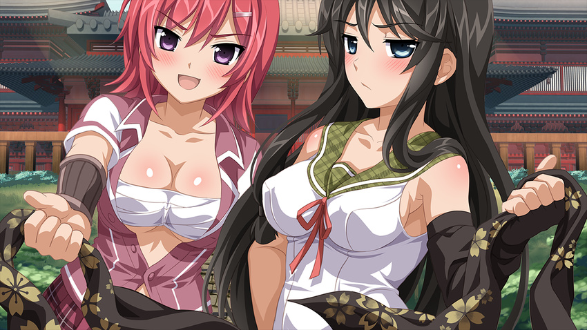 :/ :d arm_guards bangs bare_shoulders black_gloves black_hair blazer blue_eyes blush body_blush breasts building bush buttons cherry_blossoms cleavage collarbone covered_nipples day elbow_gloves fingerless_gloves frown game_cg gloves grass hair_ornament hairclip hand_on_hip hikage_narumi holding jacket large_breasts long_hair looking_at_viewer multiple_girls open_blazer open_clothes open_jacket open_mouth outdoors parted_bangs petals plaid plaid_skirt purple_eyes red_hair ribbon sakura_spirit sarashi scarf scarf_removed school_uniform short_hair short_sleeves sideboob sidelocks single_elbow_glove skirt smile sukino_miyo unbuttoned underboob upper_body v-shaped_eyebrows very_long_hair wanaca