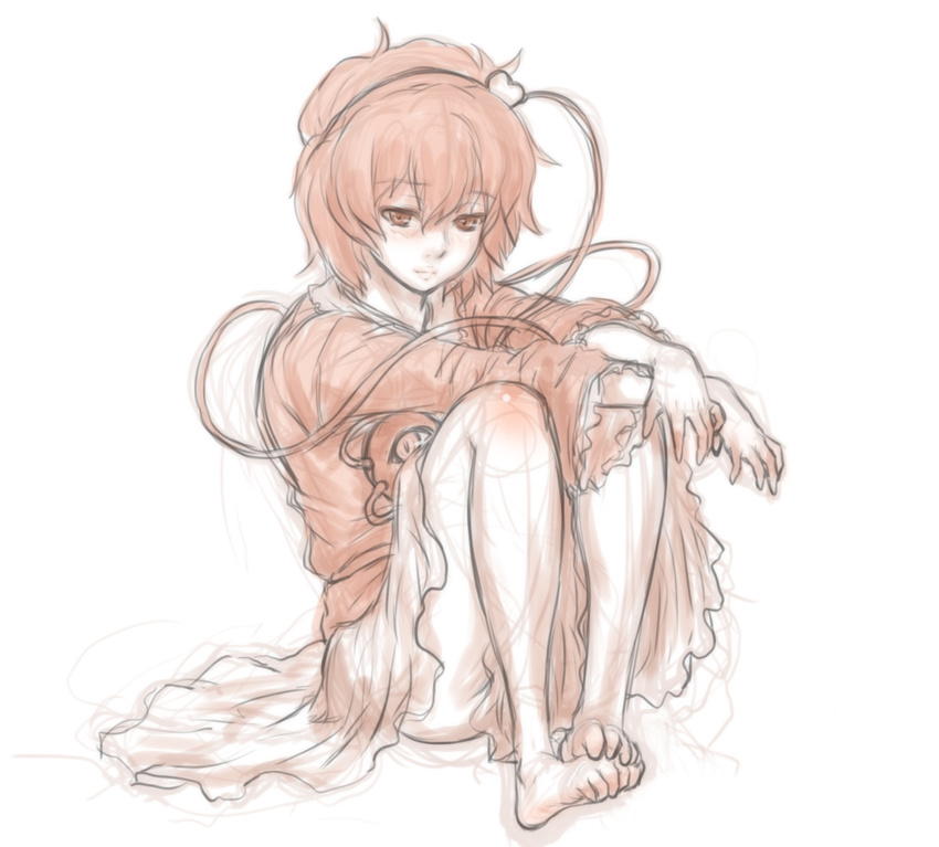 barefoot blush feet full_body komeiji_satori kuro_suto_sukii looking_at_viewer monochrome short_hair simple_background sitting sketch solo third_eye toes touhou white_background