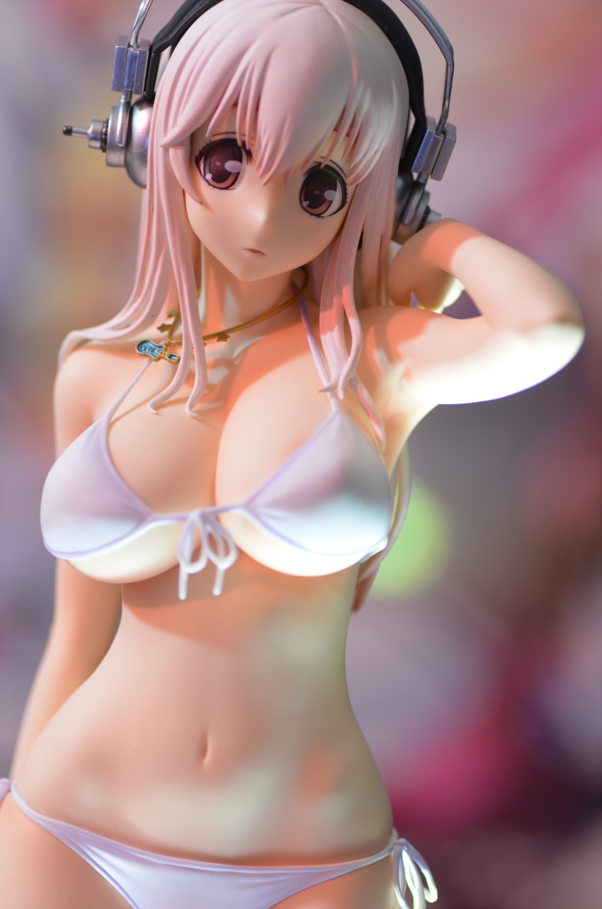 bare_shoulders bikini breasts cleavage figure front-tie_top hair_tucking headphones highres jewelry large_breasts long_hair midriff navel necklace nitroplus parted_lips photo pink_eyes pink_hair reference_photo reference_work side-tie_bikini solo super_sonico swimsuit underboob upper_body white_bikini