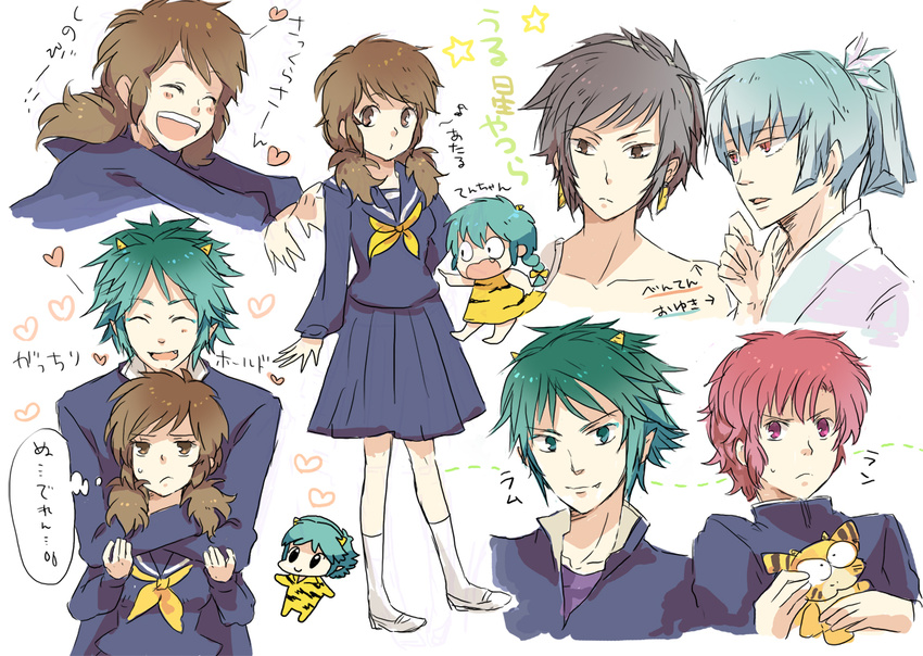 benten black_hair blue_hair brown_eyes brown_hair genderswap green_eyes green_hair heart horns hug lum mofuko moroboshi_ataru oyuki_(urusei_yatsura) ran_(urusei_yatsura) red_eyes red_hair school_uniform ten_(urusei_yatsura) urusei_yatsura