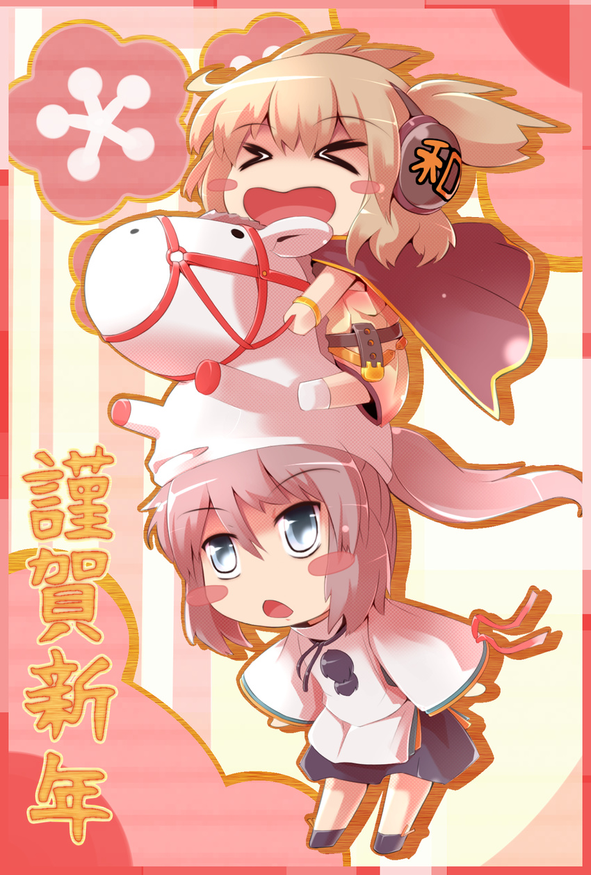 &gt;_&lt; animal_costume blue_eyes blush_stickers brown_hair cape chibi closed_eyes earmuffs grey_hair happy_new_year highres horse_costume mononobe_no_futo multiple_girls new_year pointy_hair ponytail sibelurabbi touhou toyosatomimi_no_miko