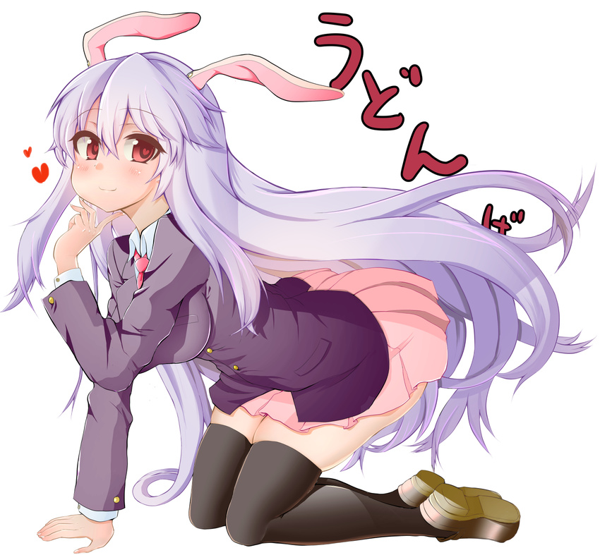 all_fours animal_ears black_legwear blush bunny_ears heart heart-shaped_pupils highres long_hair looking_at_viewer morochin_(mo_loss_an) necktie purple_hair red_eyes reisen_udongein_inaba revision skirt smile solo symbol-shaped_pupils thighhighs touhou very_long_hair white_background