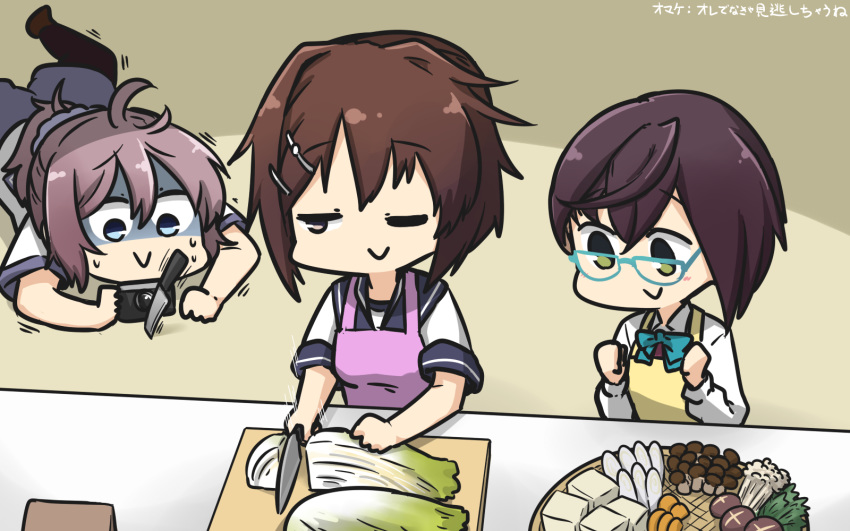 3girls aoba_(kantai_collection) apron black_legwear blue-framed_eyewear blue_eyes brown_hair camera chopping commentary_request counter cutting_board dated dress food furutaka_(kantai_collection) green_eyes hair_ornament hairclip hamu_koutarou highres kantai_collection knife lying messy_hair multiple_girls mushroom okinami_(kantai_collection) on_stomach one_eye_closed pink_apron ponytail purple_hair purple_shorts school_uniform scrunchie serafuku shaded_face shirt short_hair shorts sleeveless sleeveless_dress standing thighhighs tofu tray white_shirt yellow_apron