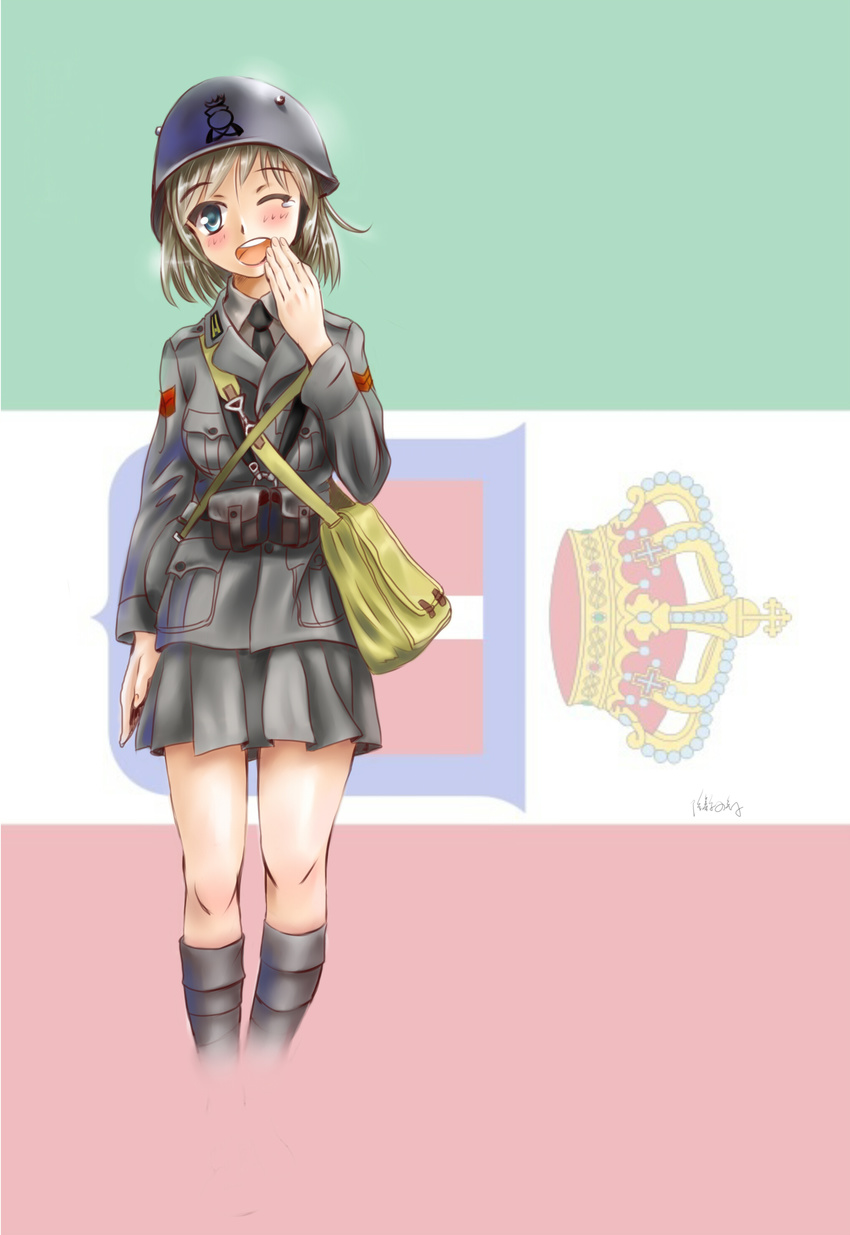 absurdres adapted_uniform artist_name bag blue_eyes blush brown_hair canteen covering_mouth crown flag flag_background hand_over_own_mouth helmet highres italian_flag italian_kingdom_flag italy longmei_er_de_tuzi military military_uniform one_eye_closed open_mouth original pleated_skirt pouch short_hair shoulder_bag skirt smile soldier solo tears uniform world_war_ii