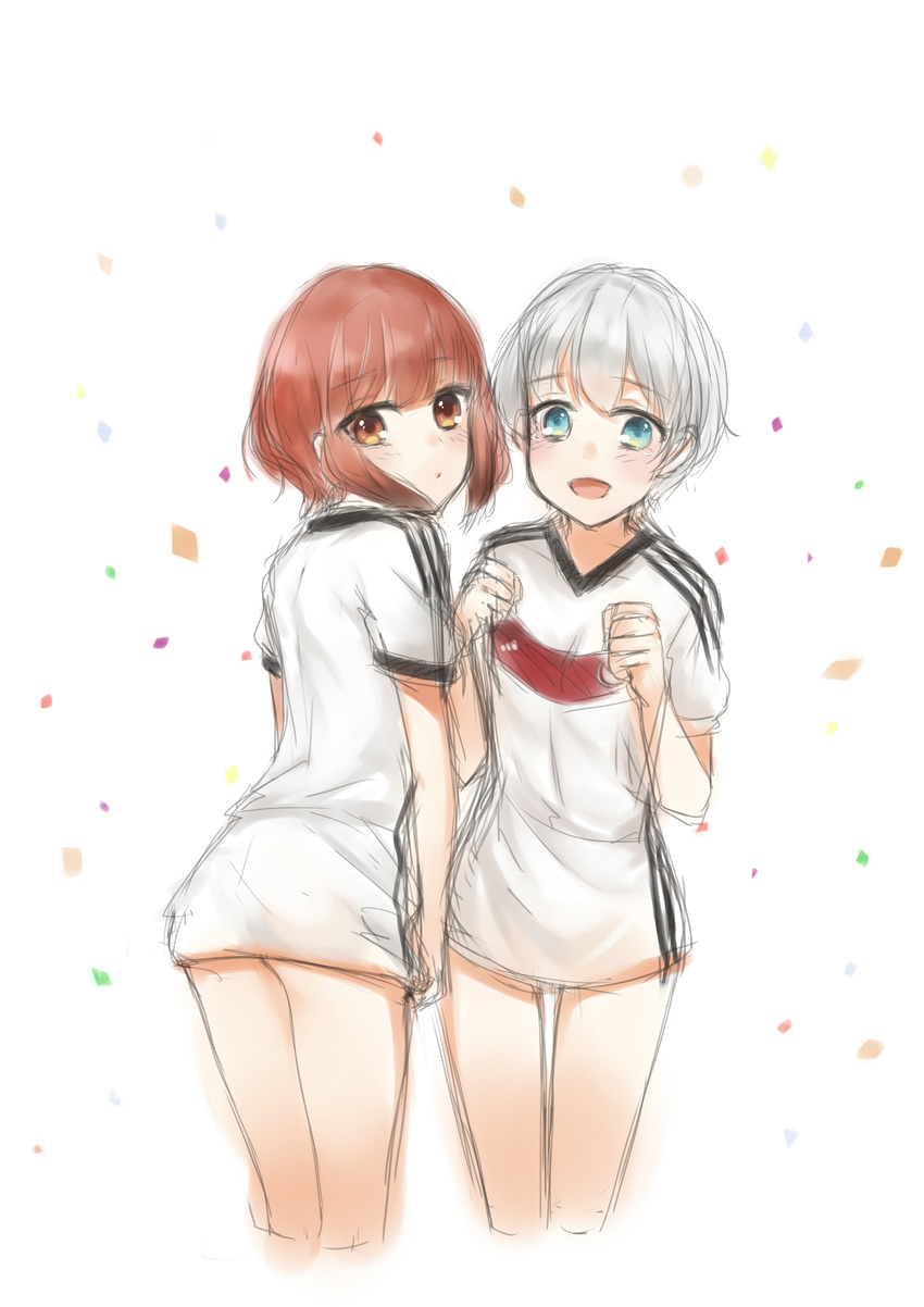 2girls :d absurdres blue_eyes blush bottomless brown_hair clenched_hands confetti crying crying_with_eyes_open germany happy_tears highres kantai_collection looking_back multiple_girls open_mouth orange_eyes shinmurajun shirt short_hair short_sleeves silver_hair simple_background sketch smile soccer soccer_uniform sportswear tears white_background world_cup z1_leberecht_maass_(kantai_collection) z3_max_schultz_(kantai_collection)