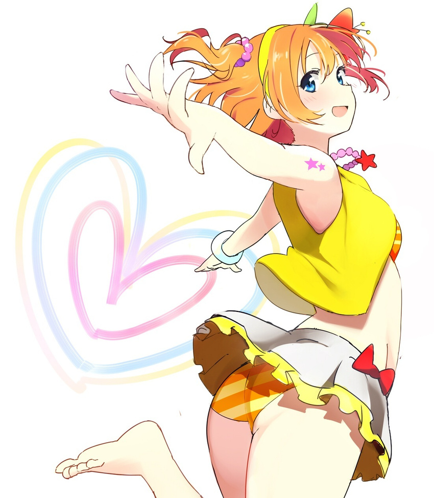 :d bad_id bad_pixiv_id barefoot bikini blue_eyes bracelet hairband heart highres jewelry kasa_list kousaka_honoka love_live! love_live!_school_idol_project natsuiro_egao_de_1_2_jump! necklace one_side_up open_mouth orange_hair short_hair skirt smile solo star swimsuit tattoo vest white_background