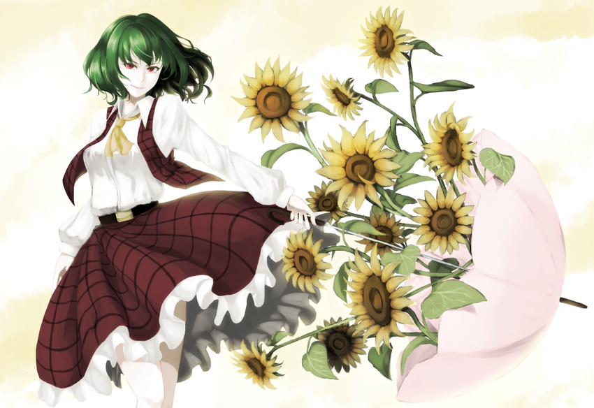 aoi_mirin ascot belt cloud flower green_hair highres kazami_yuuka long_sleeves looking_at_viewer parasol plaid plaid_skirt plaid_vest red_eyes shirt skirt smile solo sunflower touhou umbrella vest white_shirt yellow_sky