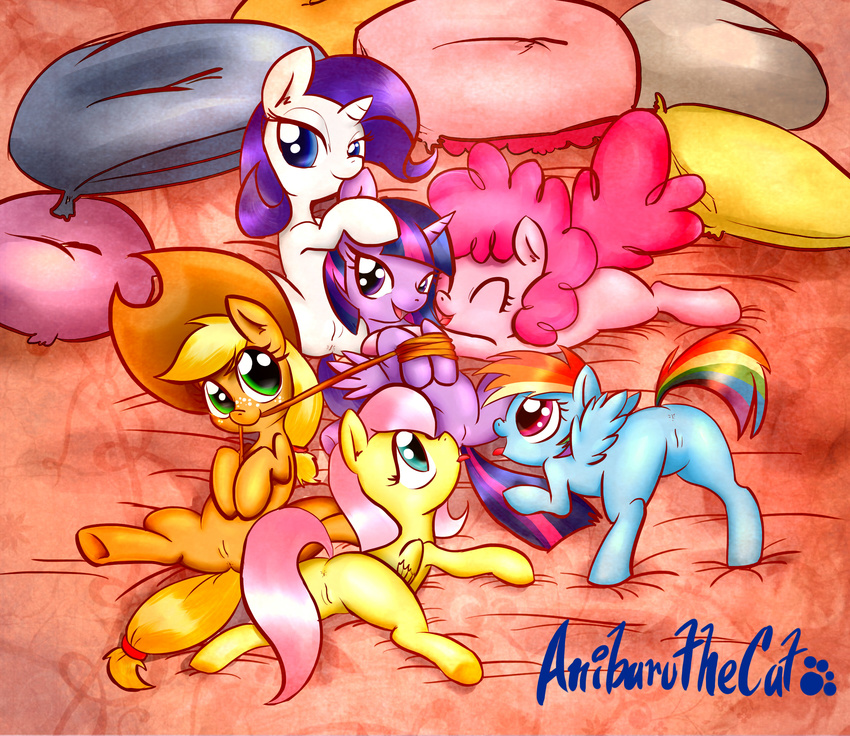 anibaruthecat anus applejack_(mlp) blonde_hair blue_eyes blue_fur bound cowboy_hat cub earth_pony equine eyelashes female feral fluttershy_(mlp) freckles friendship_is_magic fur green_eyes group hair happy hat horn horse lesbian lying mammal multi-colored_hair my_little_pony on_back on_front open_mouth orange_fur pegasus pillow pink_fur pink_hair pinkie_pie_(mlp) pony purple_eyes purple_fur purple_hair pussy rainbow_dash_(mlp) rainbow_hair rarity_(mlp) rope smile spread_legs spreading tongue tongue_out twilight_sparkle_(mlp) unicorn white_fur winged_unicorn wings yellow_fur young