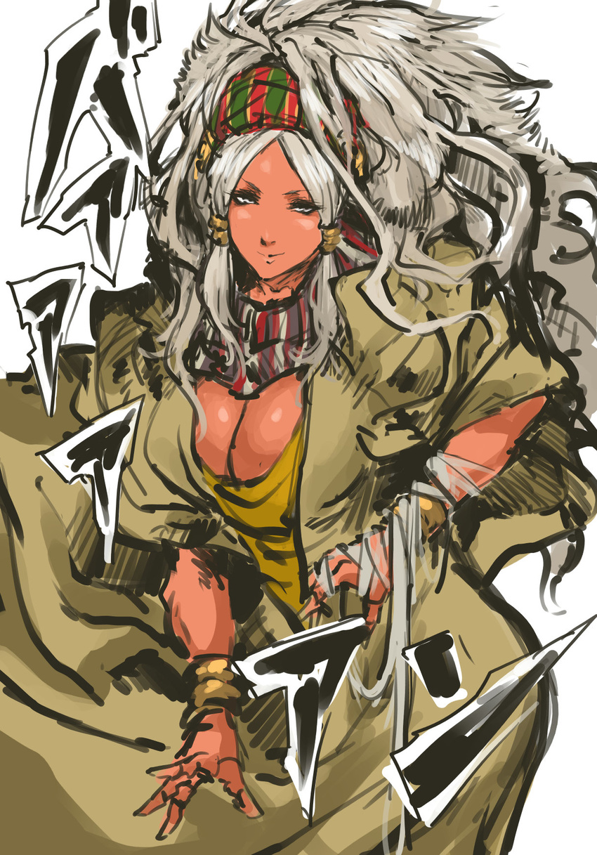 bangs big_hair breasts cleavage dark_skin enya_geil hair_tubes hairband highres jojo_no_kimyou_na_bouken large_breasts nameo_(judgemasterkou) parted_bangs silver_hair solo younger