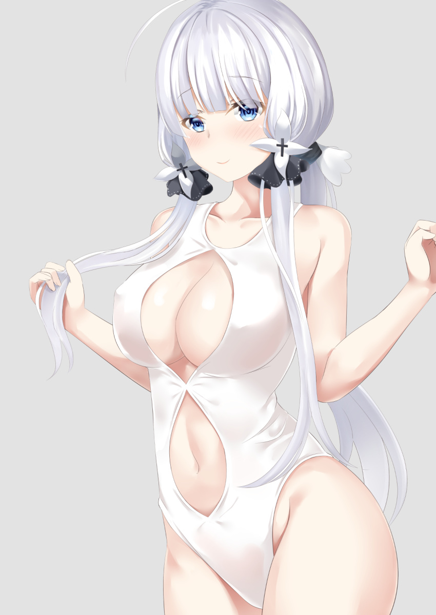 1girl azur_lane blue_eyes breasts casual_one-piece_swimsuit cleavage cleavage_cutout cowboy_shot grey_background hair_ornament highres illustrious_(azur_lane) kanade_pa large_breasts low_twintails navel navel_cutout one-piece_swimsuit simple_background smile solo standing swimsuit tri_tails twintails white_hair white_swimsuit