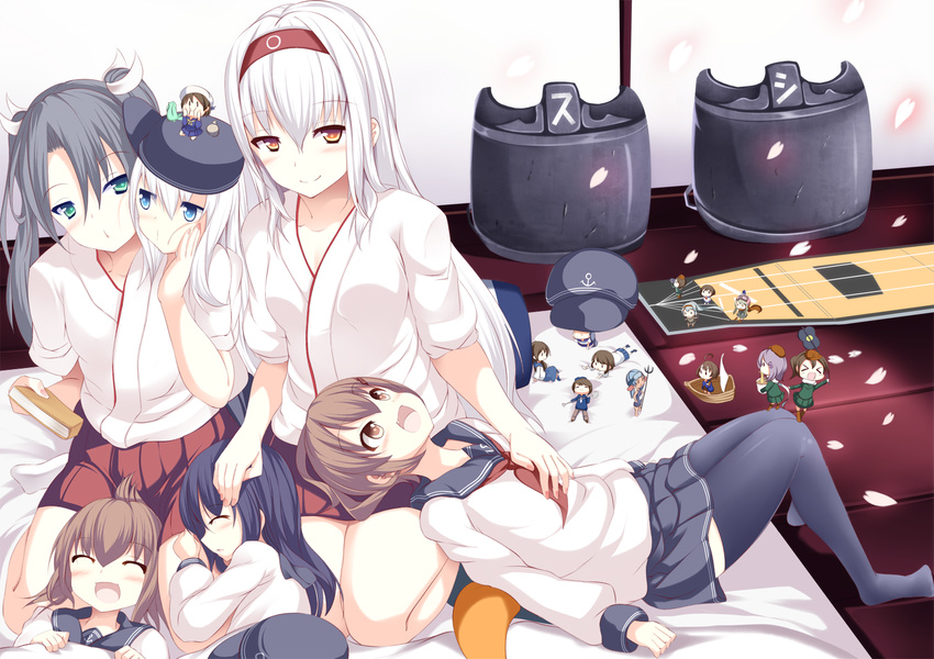 12.7cm_twin_gun_mount 6+girls 61cm_quadruple_torpedo_mount :d ^_^ akatsuki_(kantai_collection) black_hair blue_eyes brown_eyes brown_hair cheek_pinching cheek_squash closed_eyes commentary_request damage_control_goddess_(kantai_collection) drum_canister_(kantai_collection) fairy_(kantai_collection) fang folded_ponytail hairband hand_on_another's_head hat hat_removed headwear_removed hibiki_(kantai_collection) ikazuchi_(kantai_collection) inazuma_(kantai_collection) japanese_clothes kantai_collection lap_pillow long_hair multiple_girls o3o open_mouth pinching ryuusei_(kantai_collection) school_uniform serafuku short_hair shoukaku_(kantai_collection) silver_hair sleeping smile suisei_(kantai_collection) sukage tenzan_(kantai_collection) twintails type_0_fighter_model_52 type_94_depth_charge_projector type_97_torpedo_bomber zuikaku_(kantai_collection)