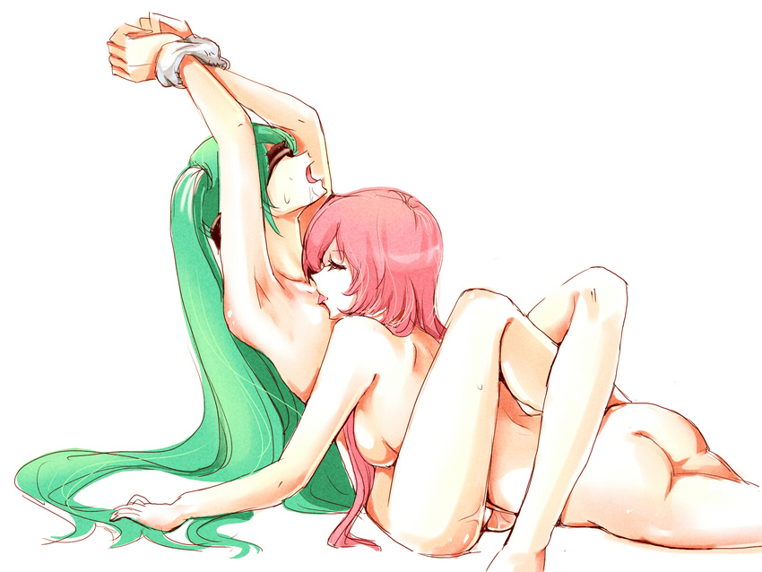 armpits arms_up ass bdsm blindfold bondage bound bound_wrists closed_eyes funkid green_hair hatsune_miku highres leg_lock licking long_hair megurine_luka multiple_girls nude open_mouth saliva simple_background very_long_hair vocaloid white_background yuri