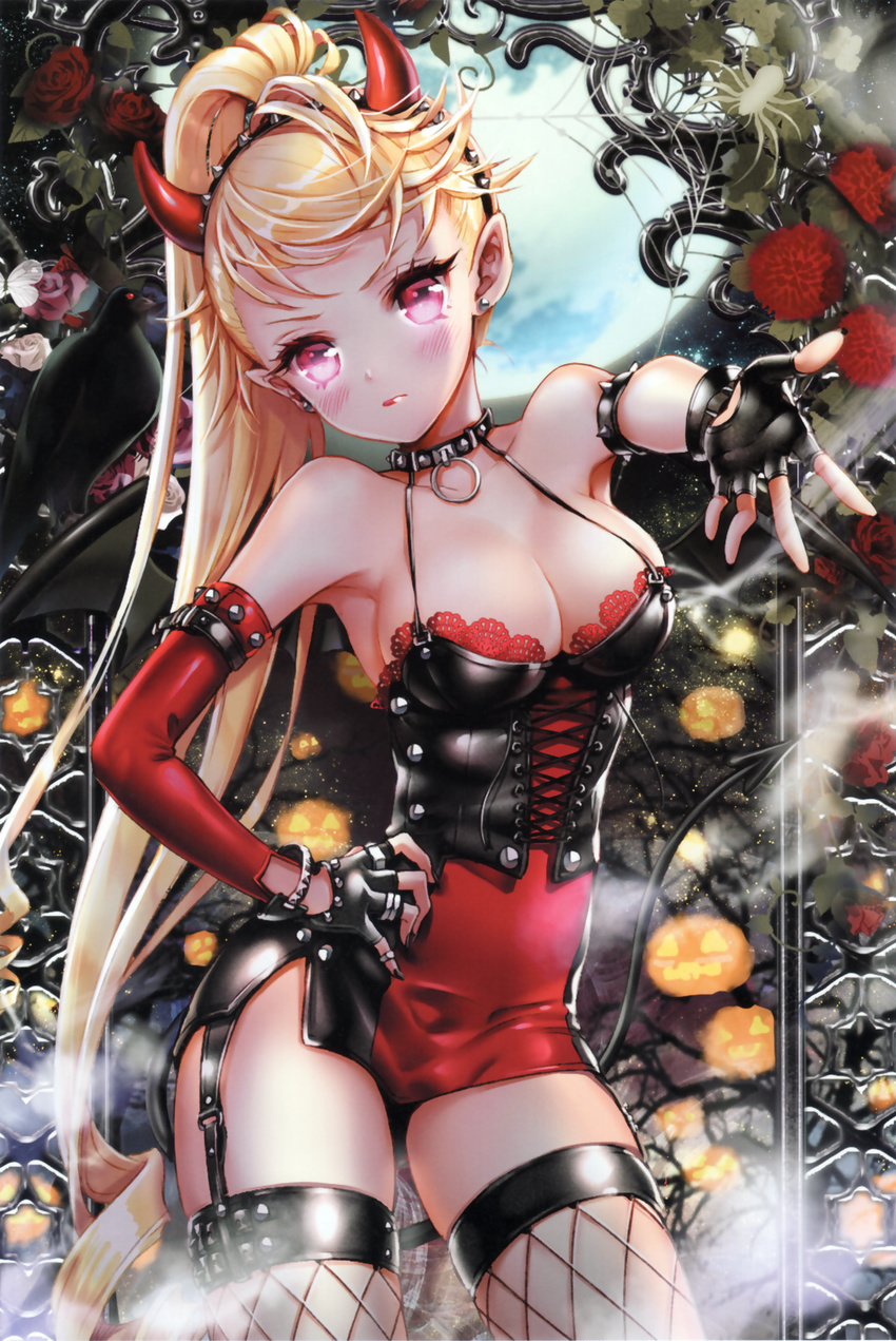 absurdres alternate_costume armpits bare_shoulders blonde_hair blush breasts bustier choker cinia_pacifica cleavage cocoon_(loveririn) collarbone contrapposto demon_horns drill_hair fake_horns fingerless_gloves fishnet_legwear fishnets flower frown garter_straps gloves hand_on_hip high_ponytail highres horns jack-o'-lantern lips long_hair looking_at_viewer medium_breasts outstretched_arm outstretched_hand pink_eyes ponytail pumpkin red_flower red_rose resized rose sideboob solo standing sword_girls thighhighs very_long_hair
