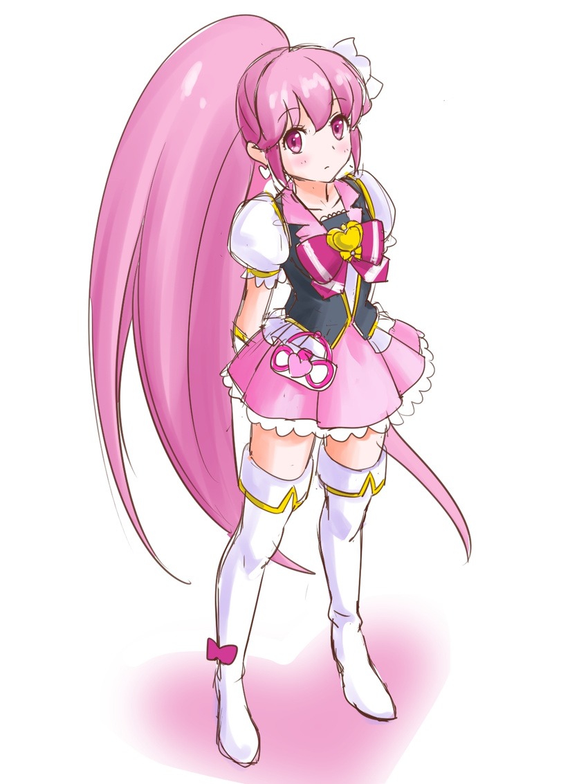 aino_megumi bad_id bad_pixiv_id blush boots bow cure_lovely detached_sleeves earrings endorin expressionless eyelashes hair_ornament happinesscharge_precure! heart heart_hair_ornament highres jewelry long_hair looking_at_viewer magical_girl pink_bow pink_eyes pink_hair pink_skirt ponytail precure puffy_sleeves ribbon shirt sketch skirt solo standing thigh_boots thighhighs very_long_hair vest white_background white_legwear wide_ponytail wrist_cuffs zettai_ryouiki