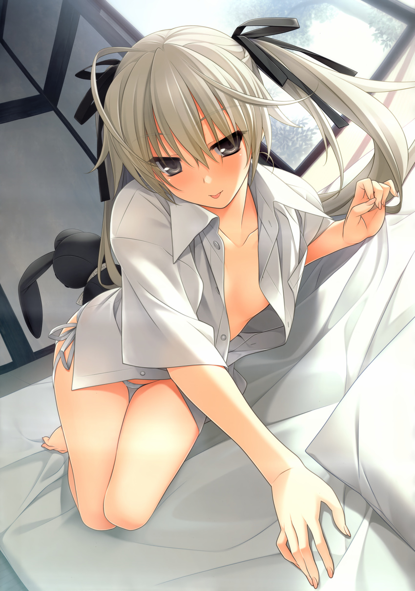 :p absurdres ahoge barefoot breasts dutch_angle fingernails grey_eyes grey_hair grey_panties hair_between_eyes hair_ribbon hashimoto_takashi highres huge_filesize kasugano_sora light_smile long_fingernails long_hair long_legs looking_at_viewer lying no_bra no_pants on_side open_clothes open_shirt panties ribbon shirt side-tie_panties small_breasts solo stuffed_animal stuffed_bunny stuffed_toy thigh_gap tongue tongue_out tsurime twintails underwear yosuga_no_sora