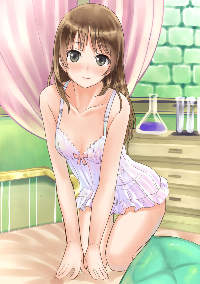 atelier_(series) atelier_totori black_eyes brown_hair camisole collarbone flask highres long_hair looking_at_viewer on_bed smile solo test_tube thigh_gap totooria_helmold umiharu