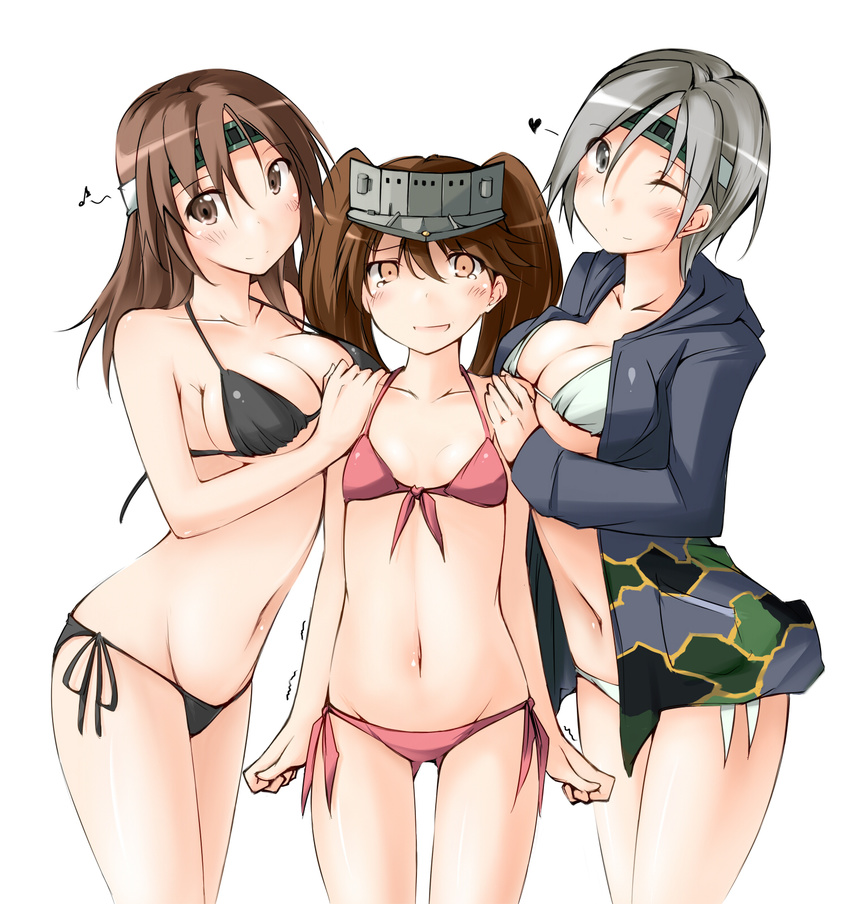 ;) bikini breast_conscious breasts brown_eyes brown_hair chitose_(kantai_collection) chiyoda_(kantai_collection) cleavage eighth_note front-tie_top girl_sandwich grey_eyes groin hand_on_another's_shoulder headband heart highres hood hoodie jacket kaminagi_(kaminagi-tei) kantai_collection looking_at_viewer multiple_girls musical_note navel one_eye_closed open_clothes open_hoodie open_mouth ryuujou_(kantai_collection) sandwiched side-tie_bikini silver_hair small_breasts smile string_bikini swimsuit tears trembling twintails visor_cap