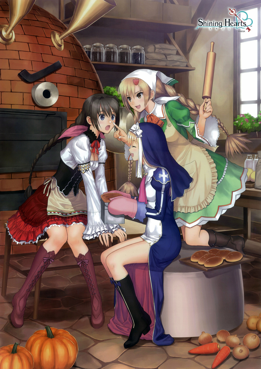 absurdres boots braid bread breasts carrot cleavage copyright_name cross-laced_footwear eari_(shining_hearts) food highres huge_filesize kitchen knee_boots long_hair long_legs manaflare_amil medium_breasts multiple_girls neris_(shining_hearts) nun onion oven pumpkin rolling_pin shining_(series) shining_hearts shining_world smile tanaka_takayuki twin_braids