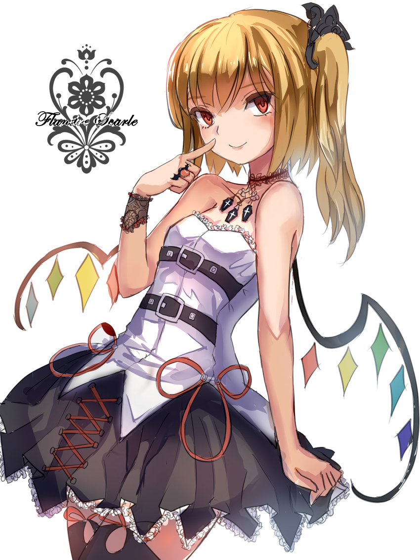 absurdres alternate_costume bad_id bad_pixiv_id bare_shoulders black_legwear blonde_hair blush flandre_scarlet gothic_lolita highres jewelry lolita_fashion looking_at_viewer myero red_eyes ring side_ponytail simple_background sketch smile solo thighhighs touhou white_background wings