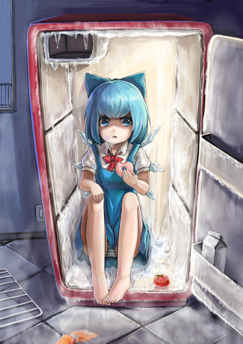 absurdres barefoot blue_eyes blue_hair cirno doughnut dress eating food fuuko_chan grate highres ice icicle in_container in_refrigerator looking_at_viewer milk_carton neck_ribbon open_mouth panties pantyshot pantyshot_(sitting) refrigerator ribbon short_hair short_sleeves sitting solo striped striped_panties tile_floor tiles tomato touhou underwear