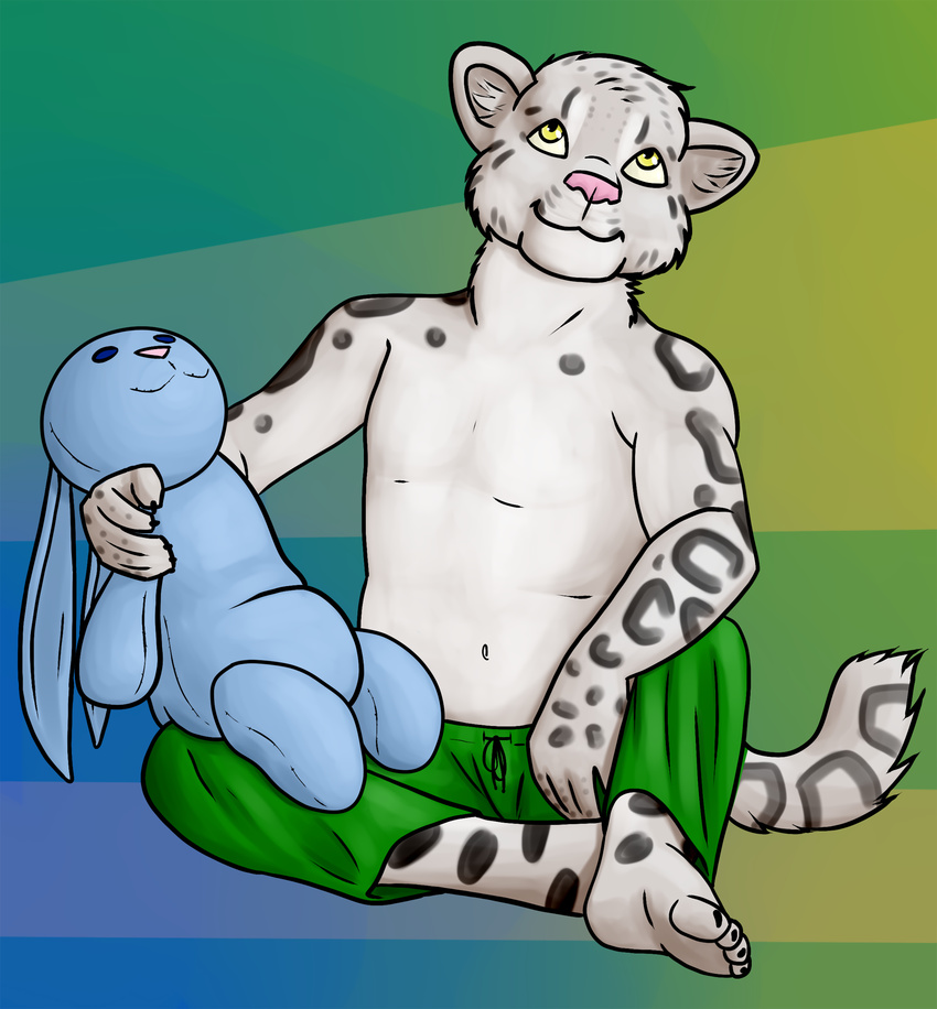 anthro barefoot claws clothed clothing cub feline fur grey_fur half-dressed happy leopard lionsilverwolf looking_up male mammal pants pink_nose plushie sitting smile snow_leopard solo spots toe_claws topless yellow_eyes young