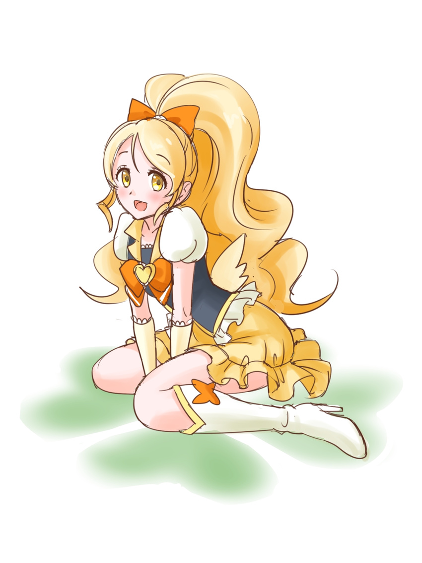 bad_id bad_pixiv_id blonde_hair blush boots cure_honey endorin eyelashes hair_ornament hair_ribbon happinesscharge_precure! happy high_heels highres knee_boots kneehighs long_hair looking_at_viewer magical_girl oomori_yuuko open_mouth ponytail precure ribbon shirt sitting sketch skirt smile solo vest white_background wide_ponytail wrist_cuffs yellow_eyes yellow_skirt