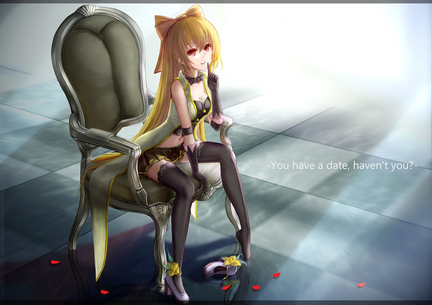 :d armchair armlet black_bow black_gloves black_legwear black_skirt blonde_hair bow breasts chair checkered checkered_floor cleavage corset dungeon_and_fighter elbow_gloves elbow_pads english finger_to_mouth full_body gloves hair_between_eyes hair_bow high_heels leaning_forward light_rays long_hair looking_at_viewer open_clothes open_mouth open_vest parted_lips petals pleated_skirt ponytail red_eyes reflection revision rose_petals shoes shushing single_shoe sitting skin_tight skirt small_breasts smile solo sunlight thighhighs tile_floor tiles toes tsurime vest wangchuan_de_quanyan yellow_bow