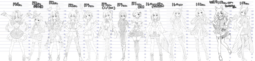 6+girls absurdres akai_haato aki_rosenthal_(character) arm_up arms_up character_name commentary_request drill_hair eyes_closed full_body hair_ornament hat height_chart height_difference highres hololive horns kiyo_(dualmoon) long_image looking_at_viewer low_twintails mask midriff minato_aqua monochrome multiple_girls murasaki_shion nakiri_ayame natsuiro_matsuri navel one_eye_closed ookami_mio oozora_subaru roboco-san roboco_ch. shirakami_fubuki thighhighs tokino_sora tokino_sora_channel twin_drills twintails virtual_youtuber wide_image yozora_mel yuzuki_choco