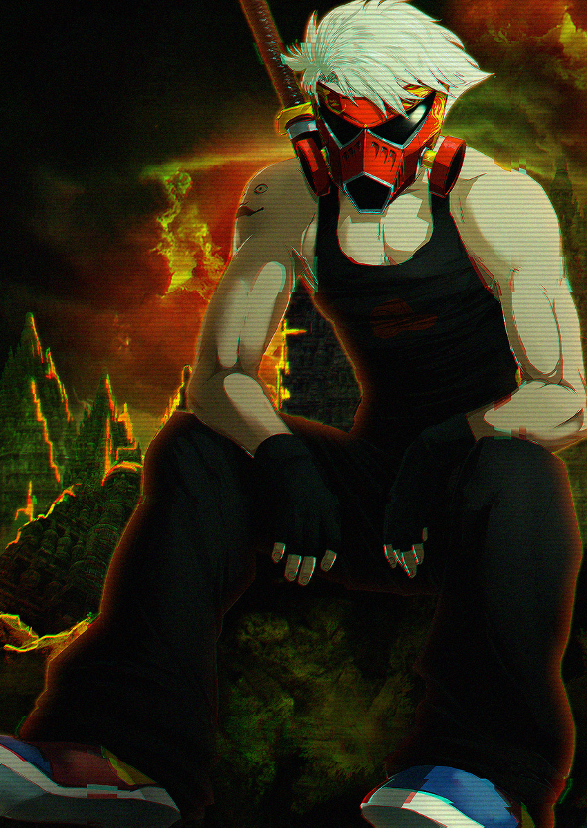 blonde_hair dirk_strider fingerless_gloves gas_mask gloves highres homestuck male_focus red_clouds ruins sitting solo sunglasses sword tank_top tattoo weapon