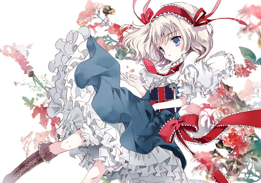 alice_margatroid blue_eyes book cierra_(ra-bit) flower hairband holding lolita_hairband parted_lips rose short_hair silver_hair solo touhou