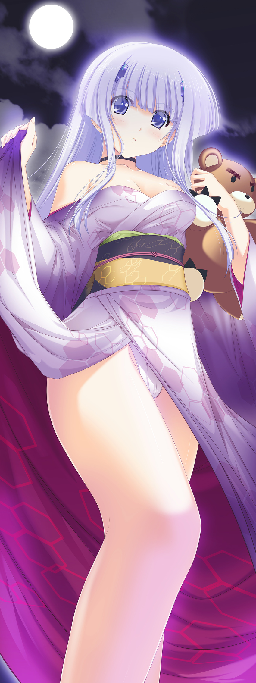 :&lt; absurdres artist_request bare_shoulders breasts choker cleavage clothes_lift from_below full_moon fundoshi hair_ornament highres inia_sestina japanese_clothes kimono kimono_lift lavender_eyes lavender_hair legs long_hair medium_breasts moon muvluv muvluv_alternative muvluv_total_eclipse obi off_shoulder sash solo stuffed_animal stuffed_toy teddy_bear