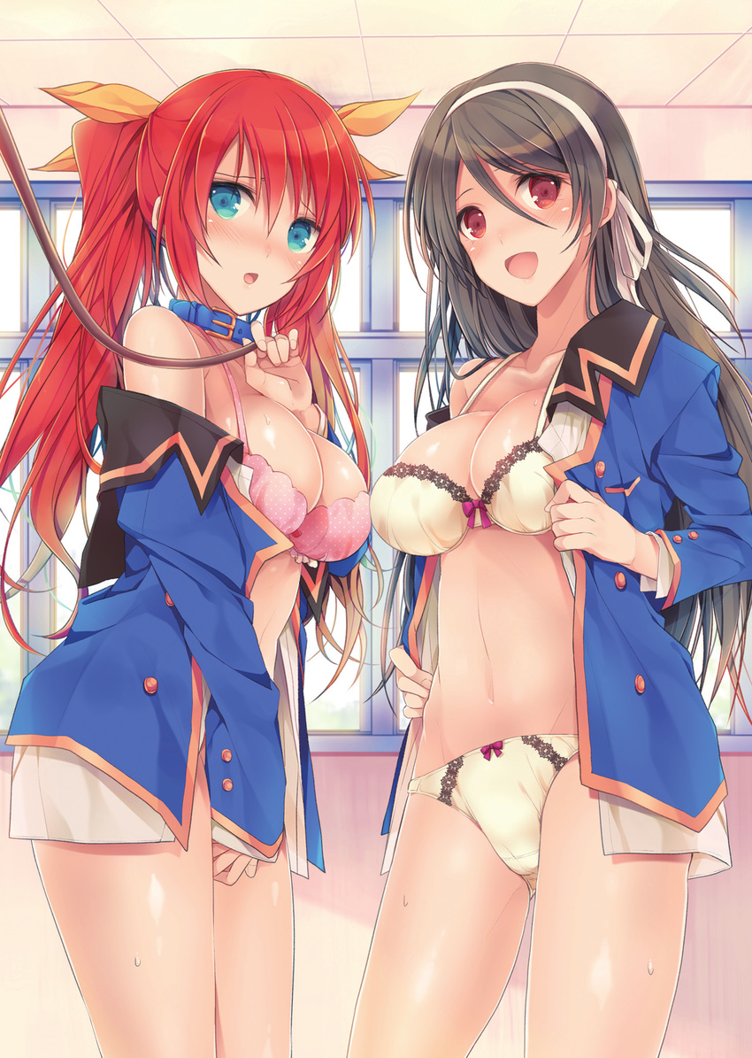 bdsm black_hair blue_eyes blush bra breasts buttons character_request cleavage collar dog_collar hair_ribbon hairband highres large_breasts leash long_hair multiple_girls mzyk navel open_clothes open_mouth panties pink_bra red_eyes red_hair ribbon scan school_uniform smile twintails underwear white_bra white_panties
