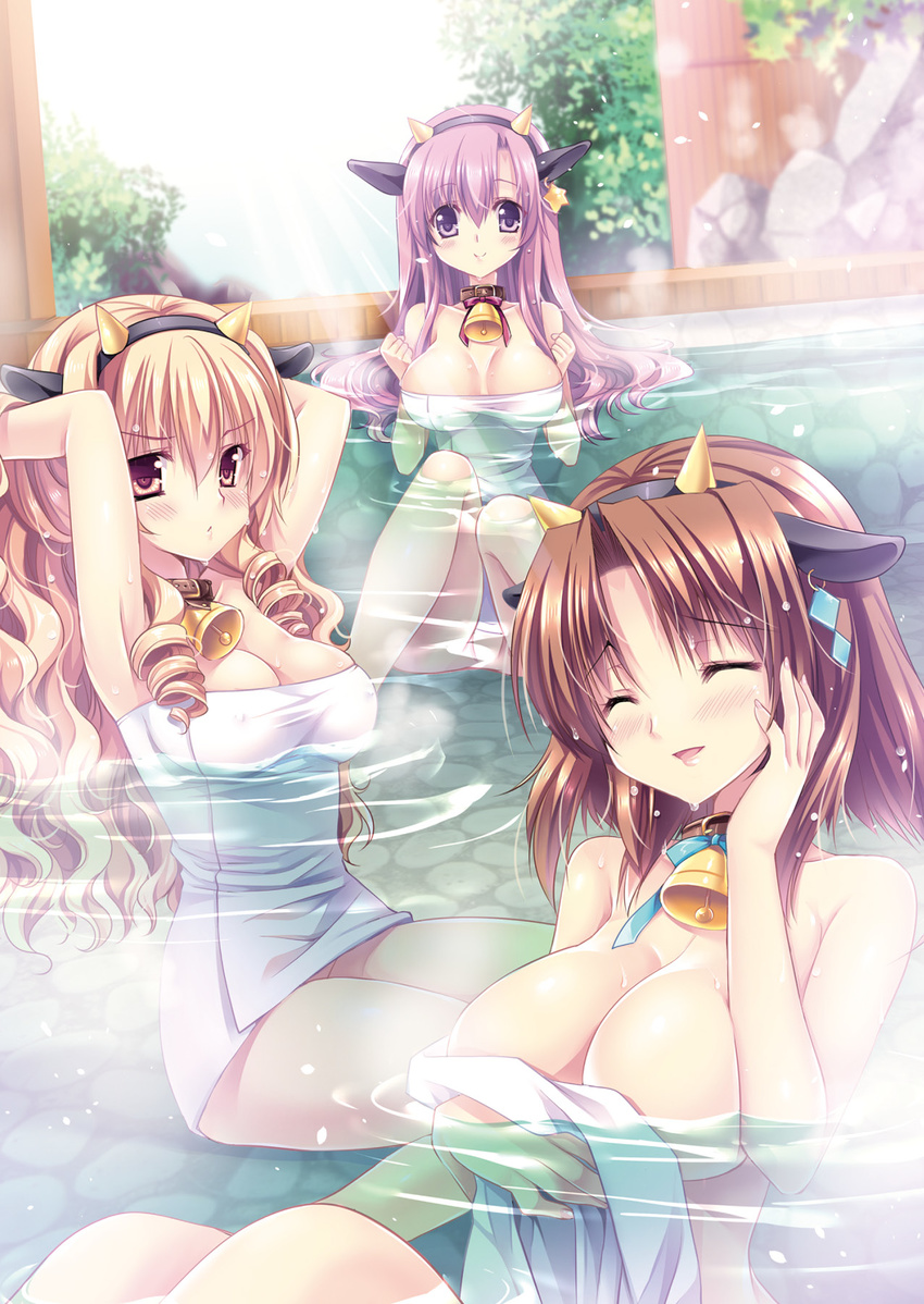 :&lt; :d ^_^ ^o^ animal_ears armpits arms_up bathing bell bell_collar blush breasts brown_eyes brown_hair bush choker cleavage clenched_hands closed_eyes collar covering cow_ears drill_hair hand_on_own_cheek highres horns large_breasts lavender_eyes lavender_hair looking_at_viewer multiple_girls naked_towel nude_cover onsen open_mouth parted_lips partially_submerged rock sakurano_tsuyu short_hair smile steam towel twin_drills water