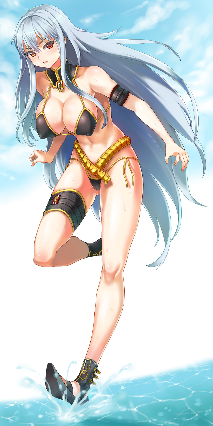 armband beach bikini blush breasts cleavage covered_nipples highres large_breasts long_hair navel outdoors red_eyes running selvaria_bles senjou_no_valkyria senjou_no_valkyria_1 serin199 shoes silver_hair solo sweat swimsuit very_long_hair water