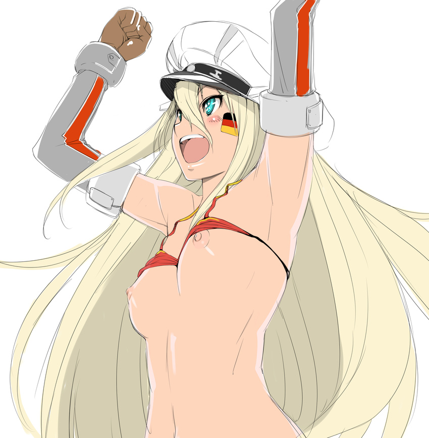 2014_fifa_world_cup absurdres armpits arms_up bikini_top bismarck_(kantai_collection) blonde_hair blue_eyes blush breasts elbow_gloves german_flag germany gloves hat highres kantai_collection long_hair medium_breasts nipples open_mouth partially_colored peaked_cap sketch solo tuna21 wardrobe_malfunction world_cup