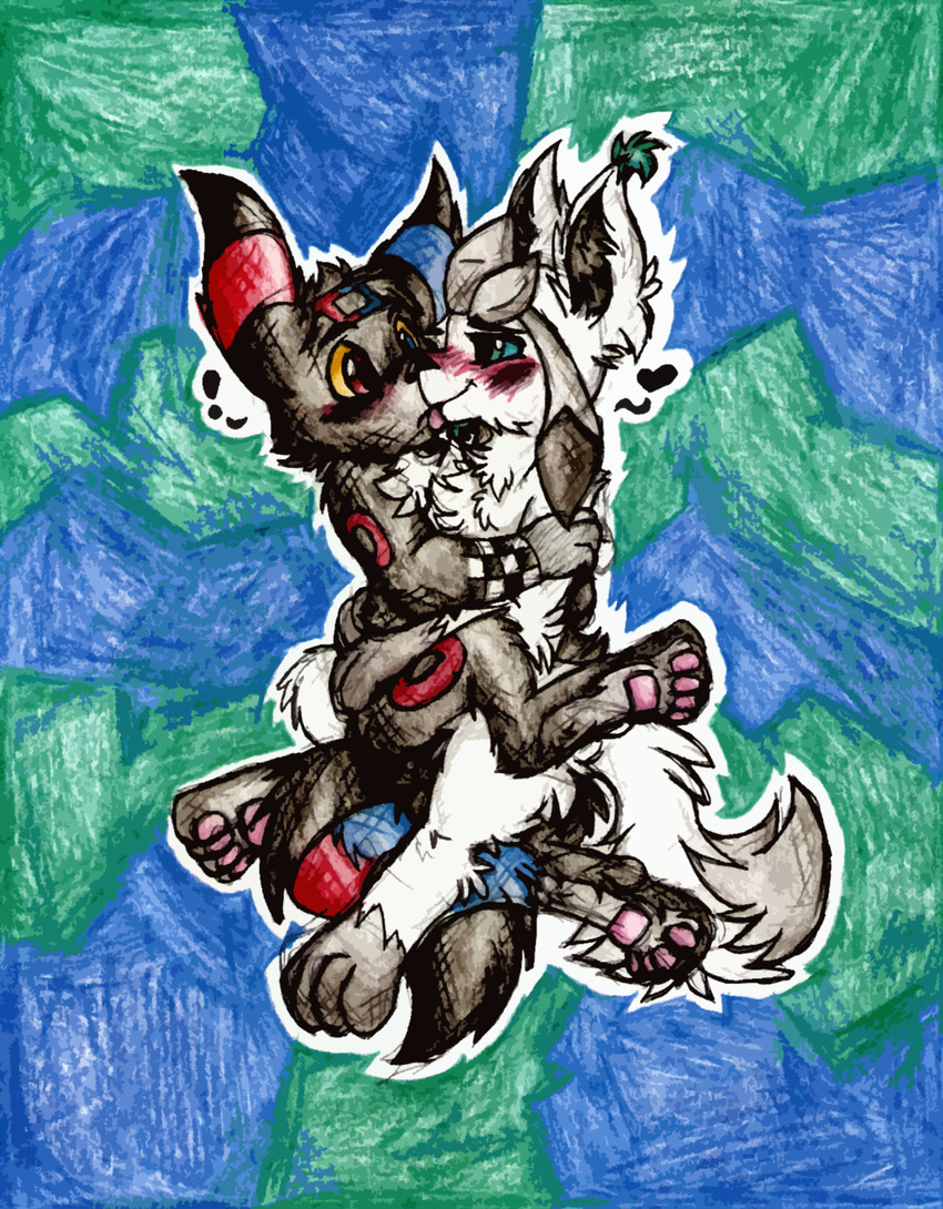 &lt;3 alternate_color bedroom_eyes black_fur blue_eyes blue_sclera blush checker checkered chest_tuft cuddling eeveelution exclamation_point fleetfoot fluffy fur glaceon glaze grey_fur heterochromia holding holding_in_lap iroxykun licking licking_lips mammal nintendo original_character paw_markings pawfeet pawpads paws pink_pawpads pok&#233;mon pok&eacute;mon red_eyes sitting_in_lap sitting_on_lap spread_legs spreading surprise teal_eyes tongue traditional_media tuft umbreon video_games white_fur yellow_eyes yellow_sclera