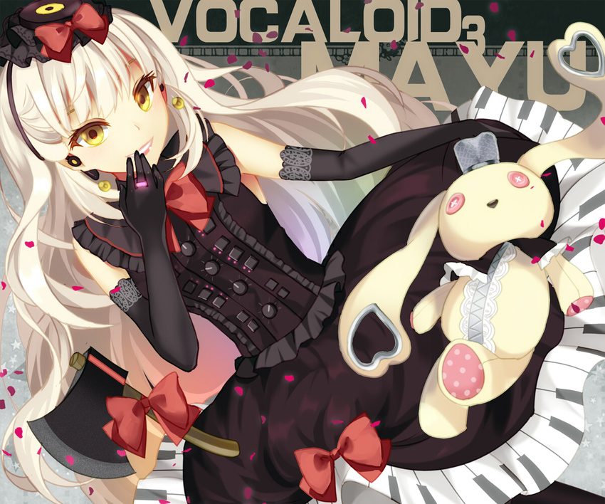 axe bison_cangshu black_gloves bow earrings elbow_gloves gloves headphones jewelry lipstick long_hair looking_at_viewer makeup mayu_(vocaloid) parted_lips smile solo stuffed_animal stuffed_bunny stuffed_toy usano_mimi vocaloid weapon white_hair yellow_eyes