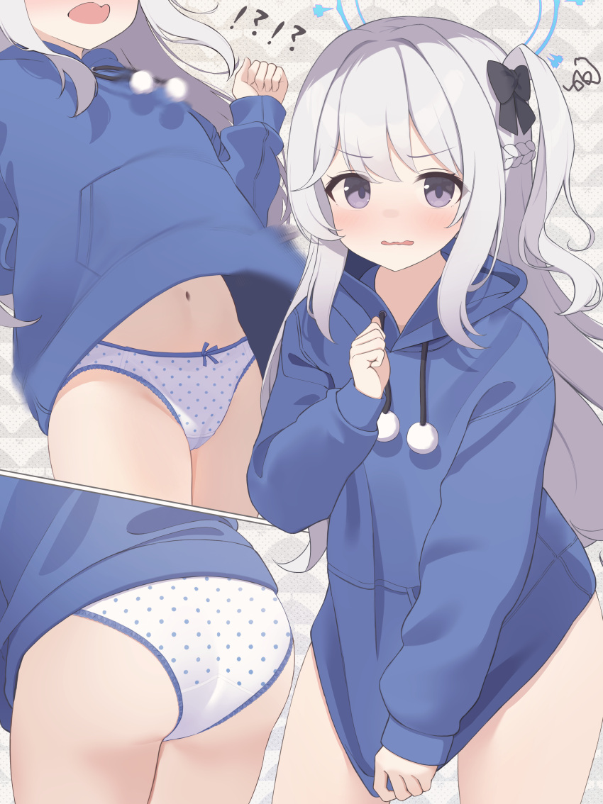 !? 1girl absurdres ass blue_archive blue_hoodie blush braid commentary_request grey_hair hazuki_lime highres hood hood_down hoodie long_hair long_sleeves looking_at_viewer miyako_(blue_archive) multiple_views navel no_pants official_alternate_costume one_side_up open_mouth panties polka_dot polka_dot_panties purple_eyes underwear white_panties