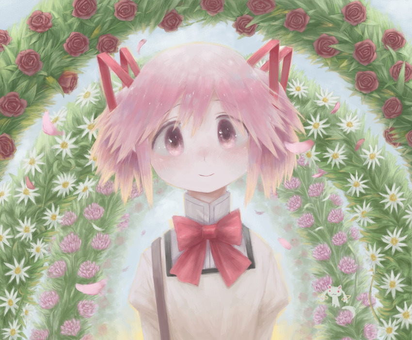 1girl blush bow bowtie commentary daisy diu9you flower hair_ribbon high_collar highres juliet_sleeves kaname_madoka kyubey long_sleeves looking_at_viewer mahou_shoujo_madoka_magica mitakihara_school_uniform pink_eyes pink_hair puffy_sleeves ribbon rose school_uniform short_hair smile solo twintails upper_body