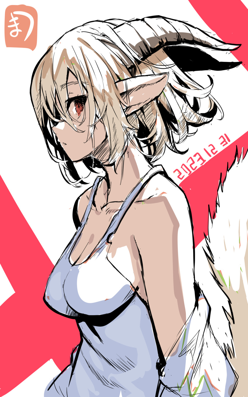 1girl absurdres animal_ears bare_shoulders blonde_hair breasts cleavage collarbone dated dress hair_between_eyes highres horns looking_at_viewer looking_to_the_side medium_breasts off_shoulder original parted_lips profile red_background red_eyes short_hair sleeveless sleeveless_dress solo tail two-tone_background white_background white_dress yuuji_(yukimimi)