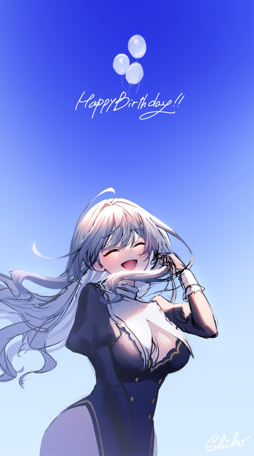 1girl :d ^_^ absurdres balloon black_dress blue_background breasts cleavage cleavage_cutout closed_eyes clothing_cutout commentary_request copyright_request dress floating_hair gradient_background grey_hair hand_up happy_birthday highres juliet_sleeves long_hair long_sleeves medium_breasts puffy_sleeves sakura_shiho signature sketch smile solo very_long_hair virtual_youtuber
