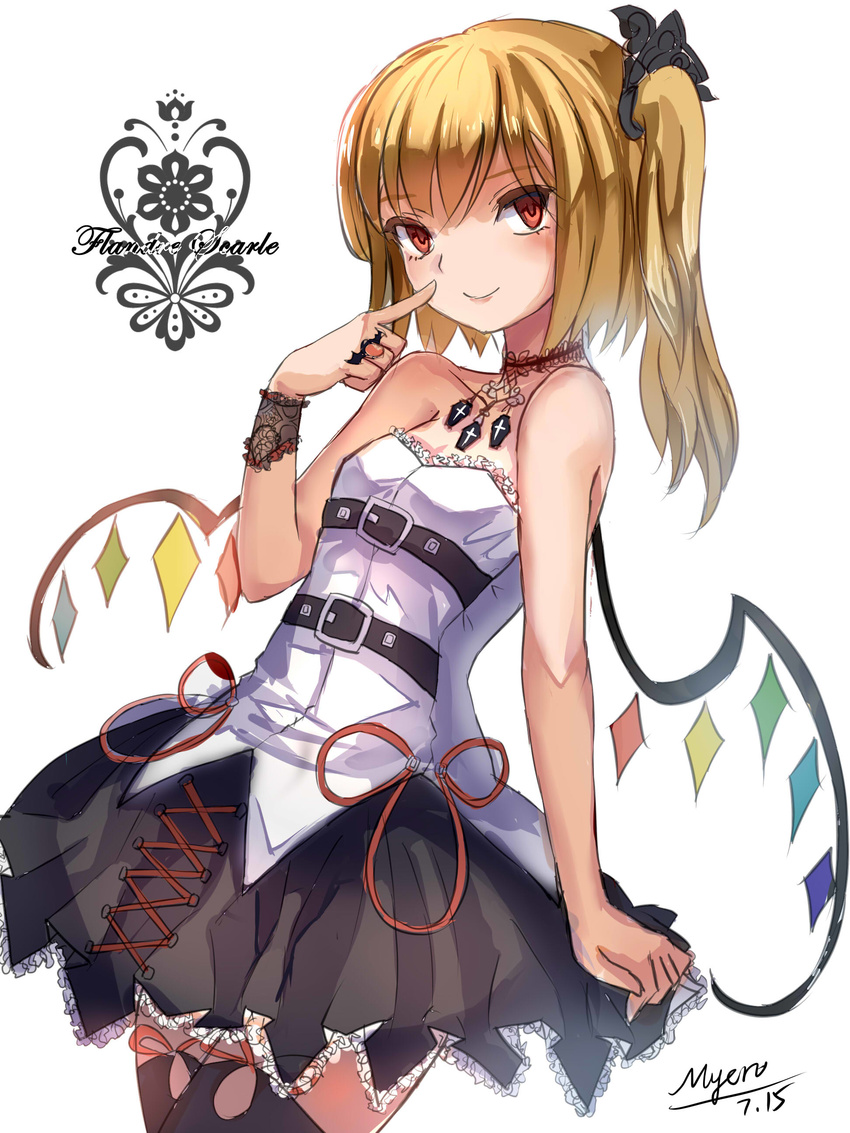 absurdres alternate_costume bare_shoulders black_legwear blonde_hair blush flandre_scarlet gothic_lolita highres jewelry lolita_fashion looking_at_viewer myero red_eyes revision ring side_ponytail simple_background sketch smile solo thighhighs touhou white_background wings