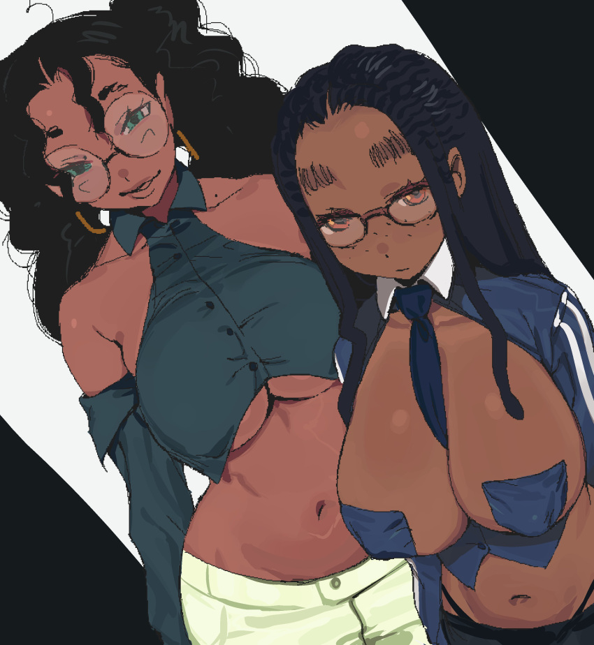 2girls absurdres bare_shoulders black_hair black_pants blue_necktie blue_shirt breasts brown_eyes cleavage_cutout clothing_cutout collared_shirt covered_nipples crop_top dark-skinned_female dark_skin detached_sleeves earrings freckles gigi_(whoopsatro) glasses green_shirt green_sleeves highres huge_breasts jewelry long_hair looking_at_viewer multiple_girls navel necktie original pants panty_straps pasties revealing_clothes round_eyewear shell_(whoopsatro) shirt thong underboob upper_body very_dark_skin white_pants whoopsatro