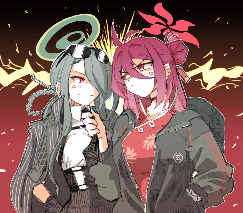2girls anger_vein antenna_hair bag black_gloves black_necktie black_skirt blue_archive breasts china choker closed_mouth collared_shirt dress eye_contact eyewear_on_head frown gloves gradient_background green_hair grey_jacket hair_between_eyes hair_bun hair_ornament hair_over_one_eye hair_rings hairpin halo hand_in_pocket hariyaa high-waist_skirt highres jacket jacket_on_shoulders large_breasts lightning_glare long_hair long_sleeves looking_at_another mina_(blue_archive) mole multiple_girls necktie necktie_grab neckwear_grab partially_unzipped red_background red_dress red_eyes red_hair reijo_(blue_archive) shirt shirt_tucked_in sidelocks skirt small_breasts sunglasses tassel tassel_hair_ornament upper_body v-shaped_eyebrows