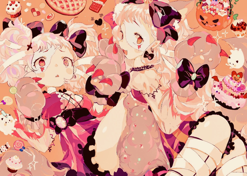 2girls amakawa_tamawo animal_ear_fluff animal_ears animal_hands ass bandaged_leg bandaged_neck bandages bare_shoulders belt belt_buckle black_belt black_bow black_sash blonde_hair blood blood_drip blood_from_eyes blush_stickers bow breasts buckle cake candy center_cross_lace center_frills chocolate chocolate_bar claws commentary cookie cross_hair_ornament cupcake dress earrings english_commentary eyelashes facepaint fake_animal_ears fake_blood fake_tail fang feet_out_of_frame food frilled_dress frilled_skirt frills gloves grey_leg_warmers hair_bow hair_ornament halloween halloween_bucket hoop_earrings jack-o'-lantern jewelry knee_pads large_breasts layered_sleeves light_frown lollipop long_hair long_sleeves miniskirt multiple_girls open_mouth orange_background orange_eyes orange_gemstone original paw_gloves paw_pose pie pink_dress puffy_short_sleeves puffy_sleeves purple_skirt sash shirt short_dress short_over_long_sleeves short_sleeves simple_background skirt smile sparkle striped striped_skirt tail tearing_up twintails vertical-striped_skirt vertical_stripes waist_bow waist_sash white_shirt white_sleeves wide_sleeves wolf_ears wolf_tail wrist_belt wrist_bow