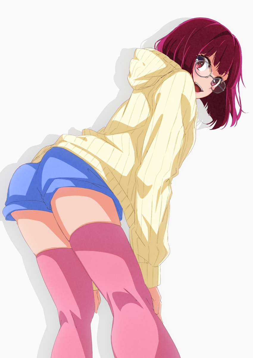 arima_kana glasses highres kuroudo_(mst06738124mst) open_mouth oshi_no_ko red_eyes red_hair short_hair shorts simple_background smile socks solo sweater white_background