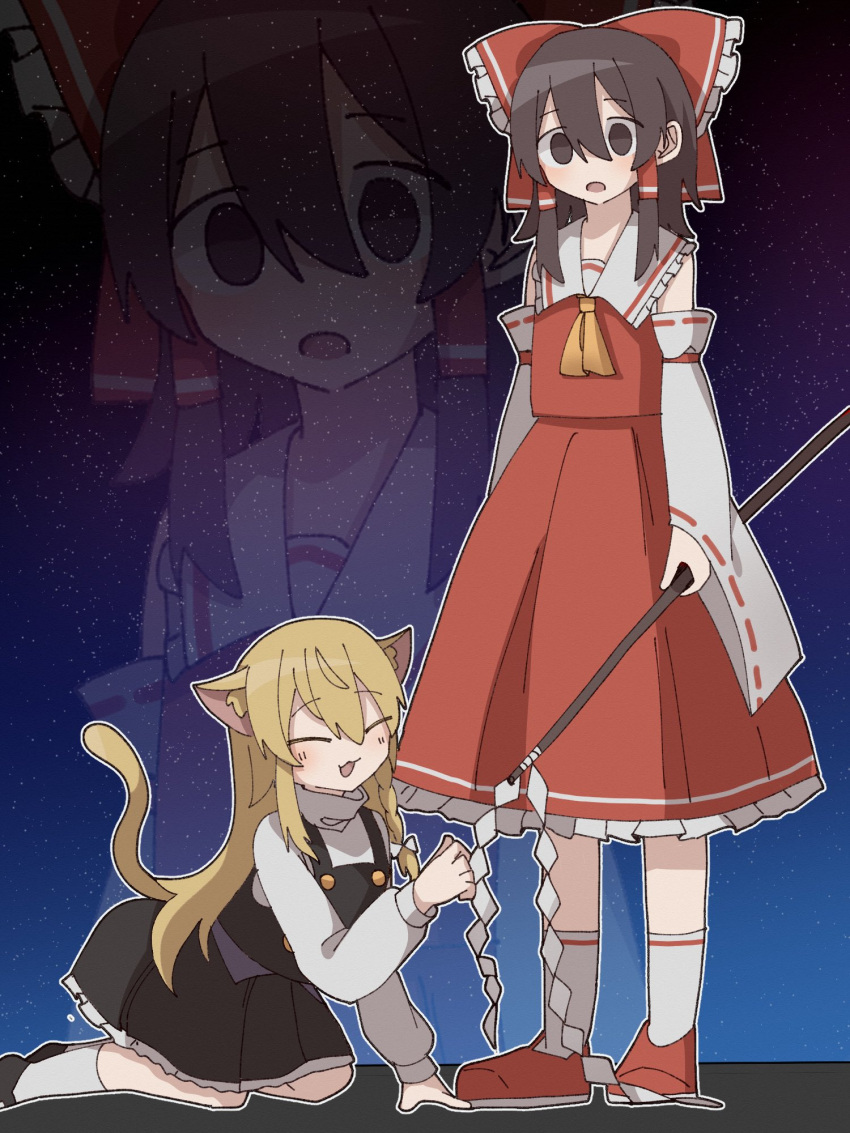 2girls :3 all_fours animal_ears animalization ascot black_footwear black_vest blank_eyes blonde_hair braid brown_eyes brown_hair buttons cat_ears cat_tail closed_eyes collared_shirt detached_sleeves frilled_shirt_collar frilled_skirt frills full_body gohei hakurei_reimu highres holding holding_gohei kirisame_marisa long_hair long_sleeves meme multiple_girls red_footwear red_shirt red_skirt red_vest shirt sidelocks single_braid skirt sky socks space_cat_(meme) star_(sky) starry_sky tail touhou turtleneck vest white_shirt white_sleeves white_socks wide_sleeves yellow_ascot yuzupon_(yuzuponpon)