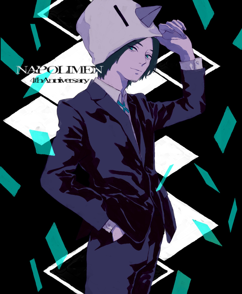 1boy aegyo_sal anniversary argyle argyle_background arm_up bird_mask black_hair black_jacket black_pants black_suit closed_mouth collared_shirt commentary_request confetti cross_tie from_side goatee_stubble green_eyes group_name hacchi_(napoli_no_otokotachi) hand_in_pocket highres jacket light_smile limited_palette long_sleeves looking_to_the_side male_focus mask mask_lift napoli_no_otokotachi pants shirt short_hair smile solo standing suit suit_jacket white_shirt yoshino_(540desu)